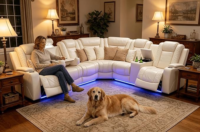Power Recliner Sectional Sofa with LED Lights & Reading Lamps, Breathing Leather Corner Couch with USB Charging, Storage Console & Cup Holders in Every Armrest, Home Theater Seating for Living Room