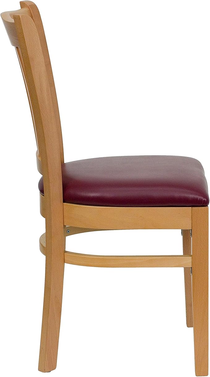 Flash Furniture HERCULES Series Vertical Slat Back Natural Wood Restaurant Chair - Burgundy Vinyl Seat