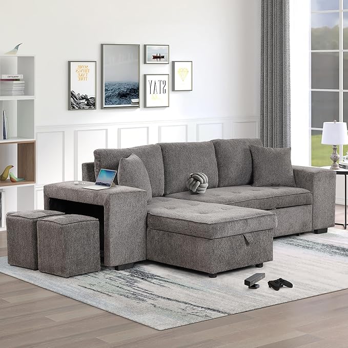 Merax Pull Out Sleeper Sofa with Storage Chaise and 2 Stools for Living Room, Modern L-Shape 3 Seat Reversible Sectional Couch