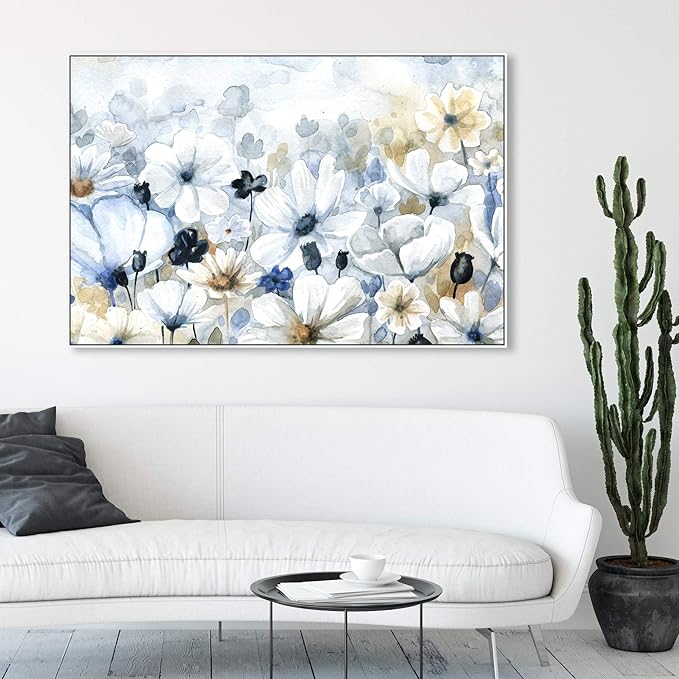 The Oliver Gal Artist Co. Floral and Botanical Wall Art Framed Canvas Prints 'Fields Flowers Home Décor, 54" x 36", Blue, White
