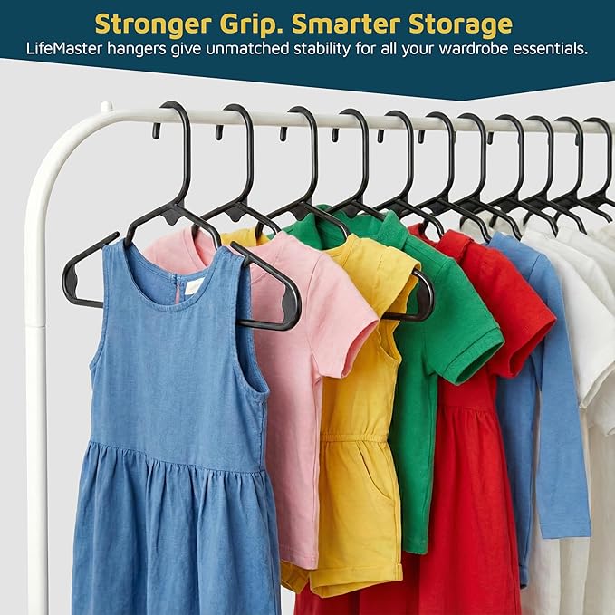Lifemaster Plastic Kids Clothes Hanger – Children Clothes Hanger with Shoulder Notch, 11.6 Inch Space-Saving Closet Organizer for Baby, Toddler, and Kids Clothing, Hold Up To 5 lbs, Pack of 100, Black