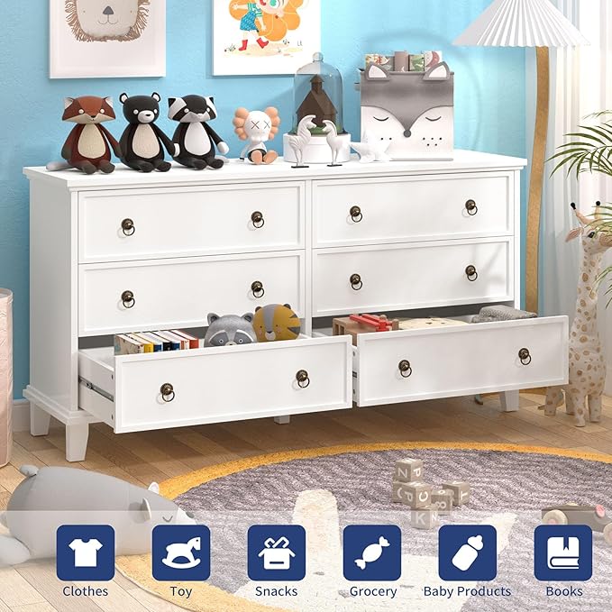 Large Dressers for Bedroom, 53.1" Wide White Farmhouse Dresser 6 Drawers, Wood Large Chest of Drawers for Bedroom, Living Room, Hallway
