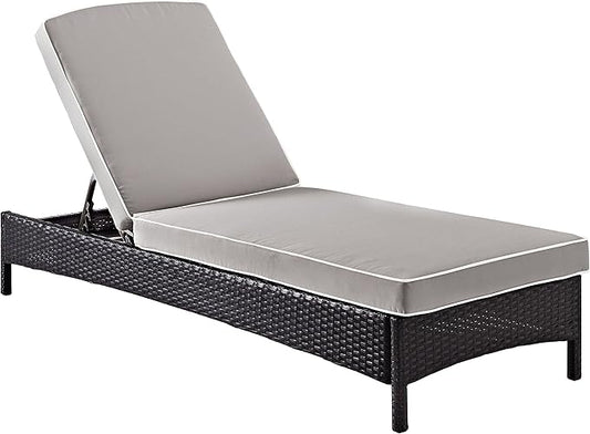Crosley Furniture Palm Harbor Reclining Wicker Outdoor Chaise Lounge Chair for Patio, Deck, Poolside, Brown with Gray Cushions