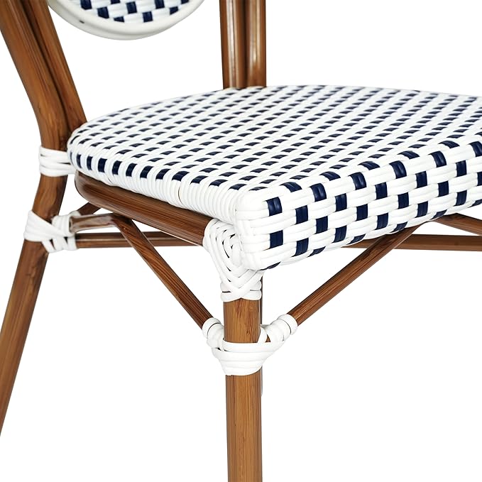 Flash Furniture Lourdes Indoor/Outdoor Commercial Thonet Bistro Stack Chair - White/Navy PE Rattan Back and Seat - Natural Bamboo Print Metal Frame - Set of 4