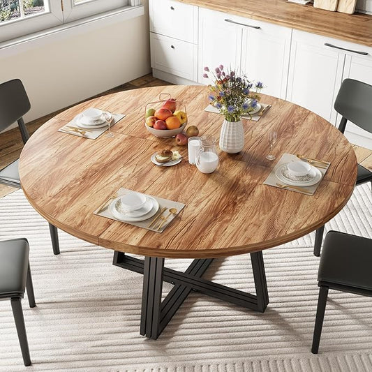Garvee 47" Inch Round Dining Table for 4, Farmhouse Dining Room Circle Dinner Table,Space Saving Wood Kitchen & Dining Room Furniture, Round Tables with Storage and Metal Square Legs, Brown
