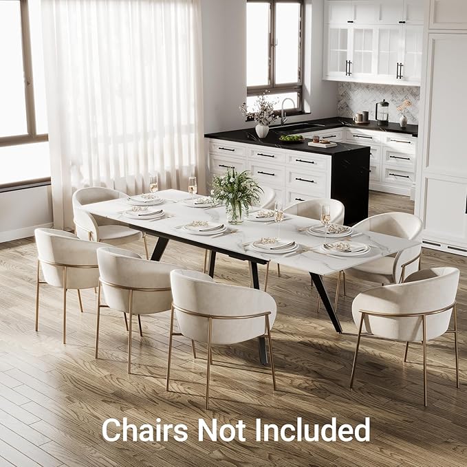 Extendable Dining Table with Leaf, 65"-95" Rectangular Sintered Stone, Marble-Look Top, Seats 6-12, Metal Base, Easy-Clean, Heat & Scratch Resistant, Dining Room/Kitchen Table for Family Gatherings
