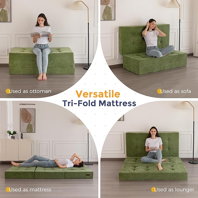MAXYOYO Tri-Fold Mattress, 6 Inch Tufted Folding Mattress with Chenille Fabric, Portable Full Size Floor Guest Mat for Adults, Foldable Topper for Camping, Green, 53"x75"