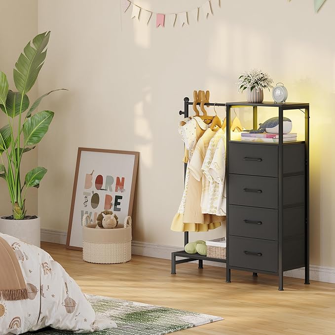 Dresser for Bedroom with Reversible Hanging Rack, 4 Drawers Dresser with LED Lights, Fabric Dressers with Open Shelf, Chest of Drawers with Clothes Rack, Kids Dressers for Bedroom, Black