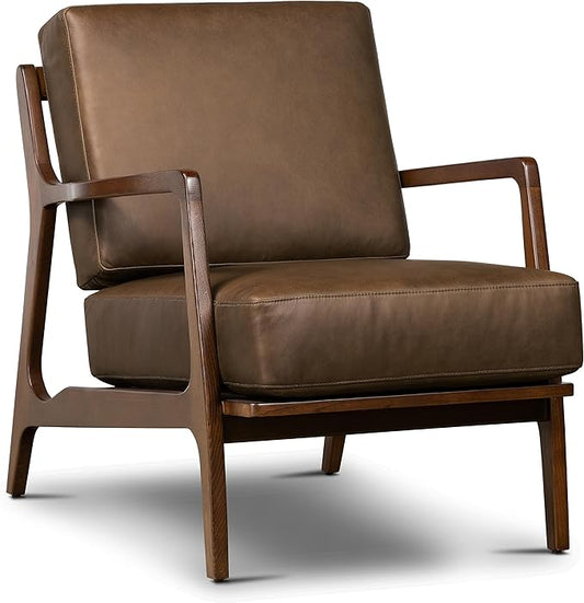 Poly & BARK Verity Leather Accent Chair – Armchair with Walnut Wood Frame – Fashion-Forward Lounge Seating for Living Room – Upholstered in Cocoa Brown Leather for Modern Style
