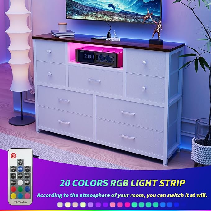 Dresser for Bedroom with 9 Drawers, White Storage Organizer TV Stand for 55" TV with LED Lights and Sockets, Fabric Chest of Drawers with PU Finish for Kid Room, Entryway, Living Room, Hallway