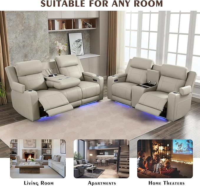 Netpane Breathable Leather Power Recliner Sofa Set with Adjustable Headrest, Power Reclining Sofa and Loveseat Set with LED Light/Wireless Charger/Storage, HomeTheater Seating(Grey)