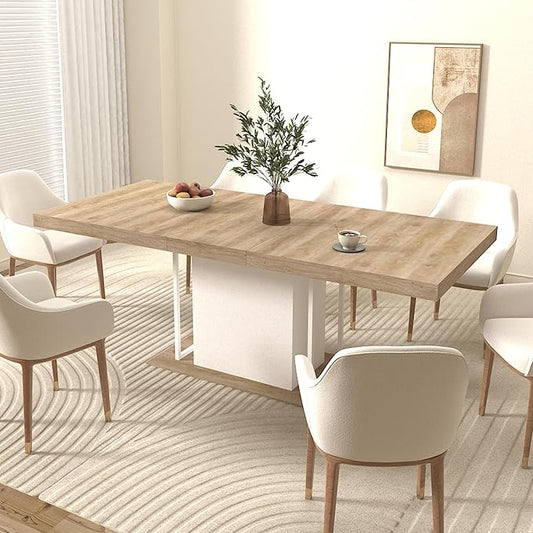 63" - 79" Extendable Dining Room Table, Expandable Kitchen Table for 6 to 10 People, Modern Wood Conference Table, Large Farmhouse Dining Table(White Oak)