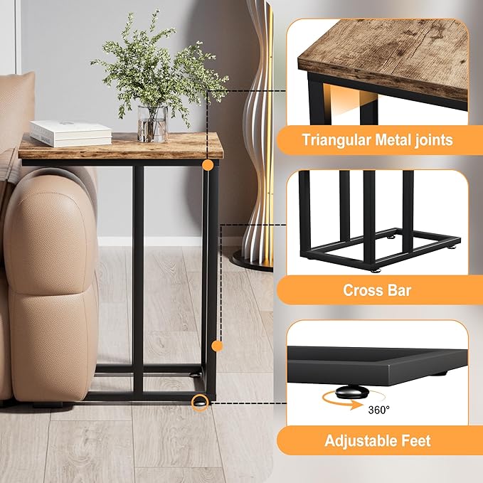 VECELO Universal C-Shaped Side Table, Multi-Functional Snack & TV Tray for Living Room, Bedroom, Grey (2 Set)