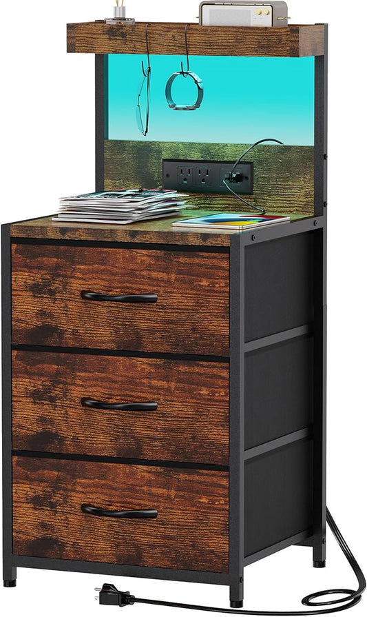 Nightstand, Dresser Nightstand with Charging Station and Led Lights, 3 Drawers Night Stand with Storage Shelf and Hooks, Tall End Side Table for Bedroom, Rustic Brown