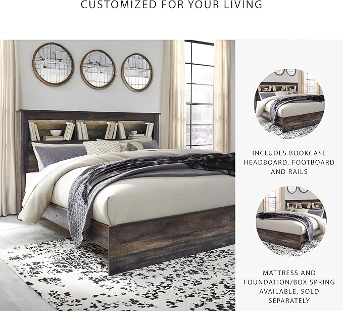 Signature Design by Ashley Drystan Rustic King Bookcase Bed with Open Cubbies and LED Lights, Foundation or Box Spring Needed, Dark Brown & Gray