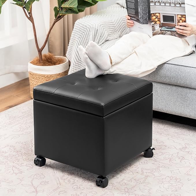 Adeco Modern Tufted Faux Leather Storage Ottoman with Wheels | 18.8" Square Rolling Footrest Stool & Vanity Seat for Living Room, Bedroom, Dorm | Hinged Lid, Black