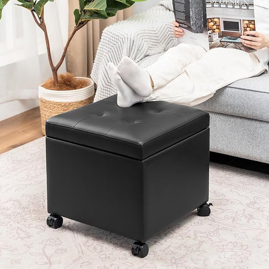 Adeco Modern Tufted Faux Leather Storage Ottoman with Wheels | 18.8" Square Rolling Footrest Stool & Vanity Seat for Living Room, Bedroom, Dorm | Hinged Lid, Black