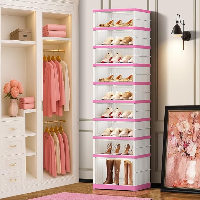 9-Tier Foldable Shoe Rack Organizer for Closet,18 Pairs Collapsible Plastic Shoe Shelf,Clear Stackable Shoe Storage Boxes with Door Easy Assembly,Shoe Cabinet with Lids Large（White-Pink）