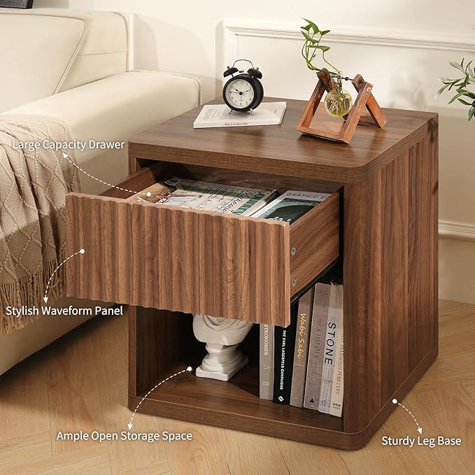 Night Stand Fluted Nightstand with Drawers, Wood Bedside Table with Storage Shelf, Bed Side Table for Bedroom, End Tables Living Room, Mid Century Nightstands Night Stands, Sofa Side Tables