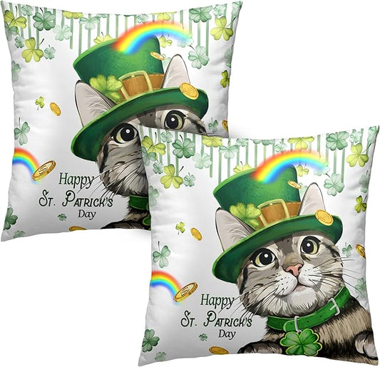 Happy St Patricks Day Pillows Covers 24x24 Pack of 2 Lucky Cat Clover Pillow Covers Rainbow Gold Coin Shamrock Decorative Pillow Cases Cushion Case for Living Room Couch Sofa