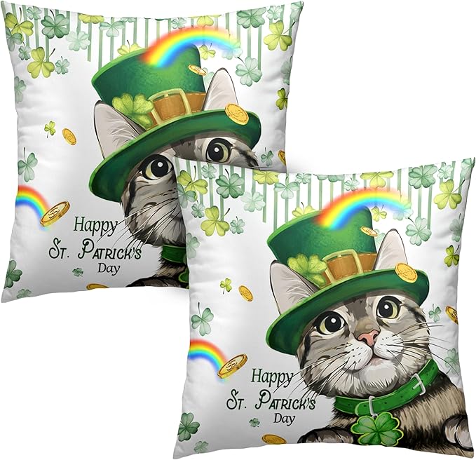 Happy St Patricks Day Pillows Covers 20x20 Pack of 2 Lucky Cat Clover Pillow Covers Rainbow Gold Coin Shamrock Decorative Pillow Cases Cushion Case for Living Room Couch Sofa