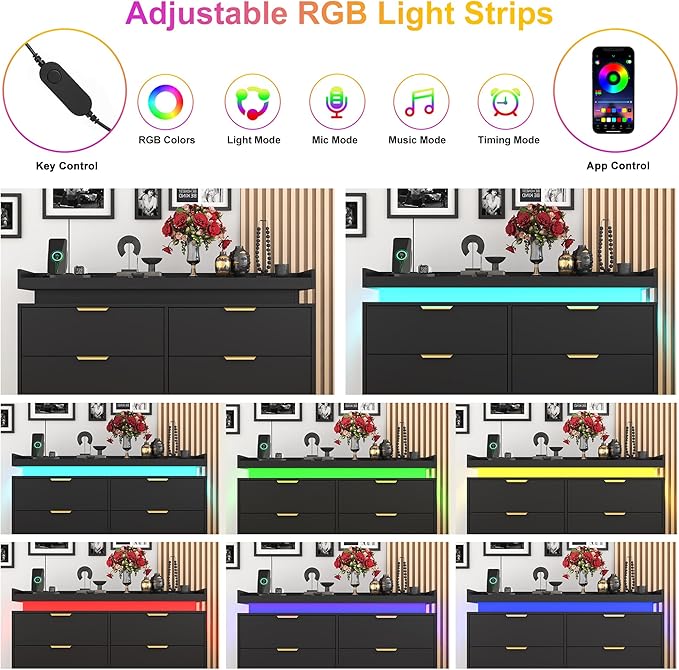 6 Drawer Dresser for Bedroom, Black Dresser with LED Lights and Power Outlet, Modern Chest of Drawers for Closet, Double Wide Drawer Organizer Cabinet for Bedroom, Living Room, Entryway, Hallway