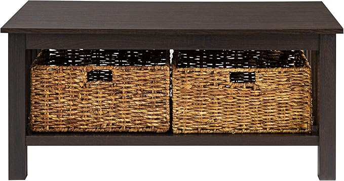 Walker Edison Alayna Mission Style Two Tier Coffee Table with Rattan Storage Baskets, 40 Inch, Espresso