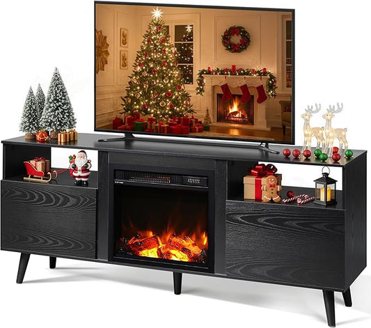 WLIVE Fireplace TV Stand for 55 65 Inch TV, Mid-Century Entertainment Center with Electric Fireplace, Media TV Console with Extra Open Shelf & Storage Cabinets for Living Room, Bedroom, Black
