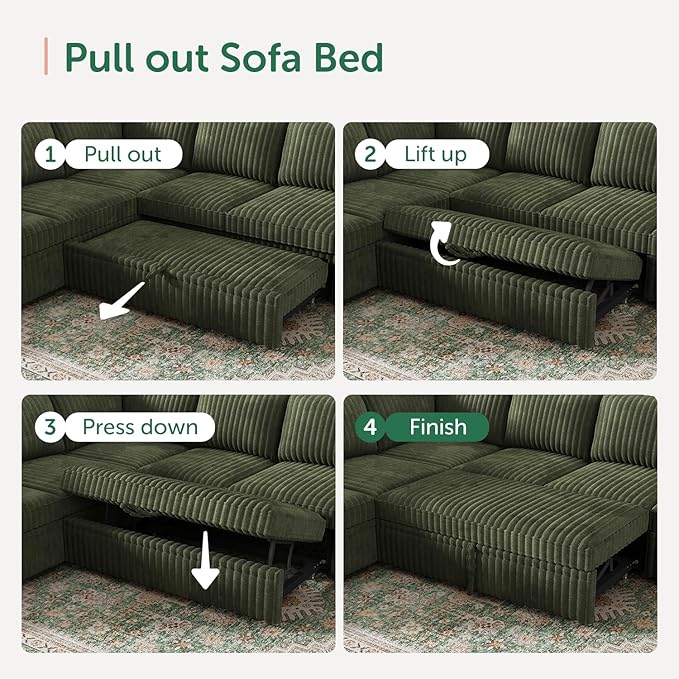 HONBAY Modular Sectional Sleeper Sofa with Pull Out Bed,Corduroy L Shaped Couch with Storage, Sectional Couches for Living Room,Green