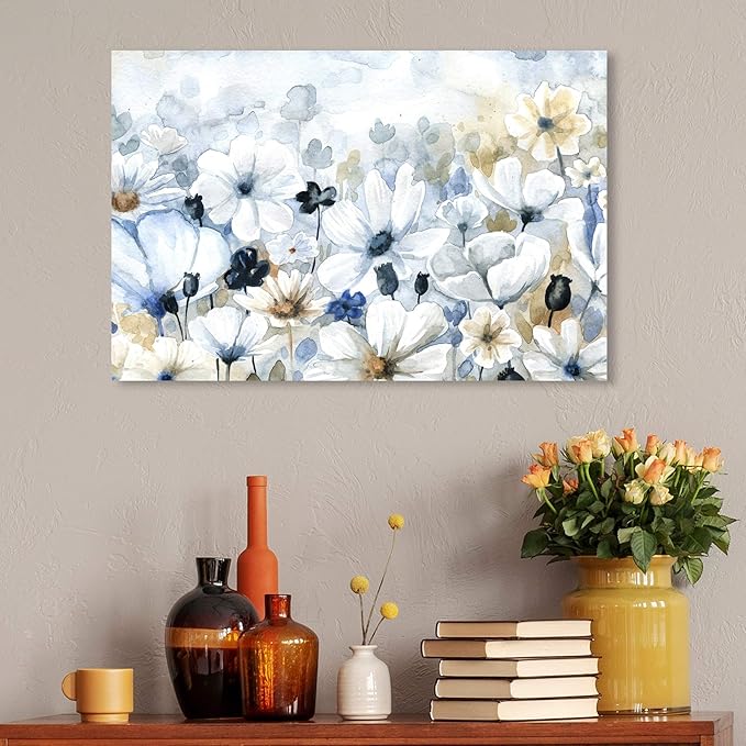The Oliver Gal Artist Co. Floral and Botanical Wall Art Canvas Prints 'Fields Flowers Home Décor, 30 in x 20 in, Blue, White