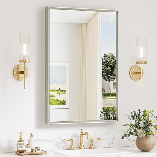 Keonjinn 24 x 36 Inch Brushed Nickel Bathroom Mirrors for Over Sink, Beveled Rectangle Framed Mirror for Wall, Farmhouse Bathroom Vanity Mirror, Tempered Glass, Hangs Horizontally or Vertically