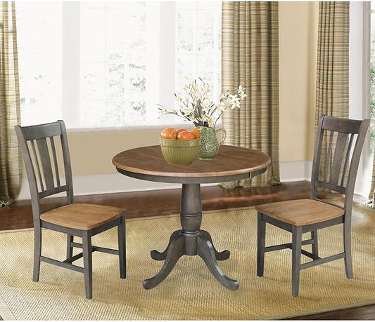 IC INTERNATIONAL CONCEPTS 36" Round Wood Extension Dining Table with 2 Chairs in Hickory/Washed Coal