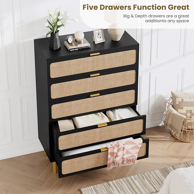 GarveeHome Rattan 5 Drawer Dressers for Bedroom, Tall Dresser with Deep Drawers, Large Chest of Drawers for Closet with Wide Top, Long Wooden Dresser for Living Room, Hallway, Kids Room, Black