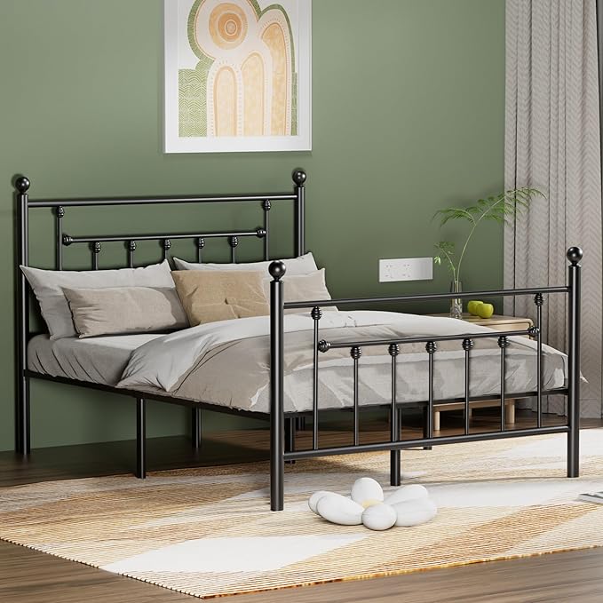 VECELO Queen Size Metal Platform Bed Frame with Headboard and Footboard, Heavy Duty Slat Support / No Box Spring Needed Mattress Foundation/ Underbed Storage Space, Victorian Style