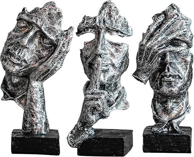 3 Pcs Thinker Statue, Silence is Silvery Abstract Art Figurine, Modern Home Resin Decorative Objects Decor for Home Office Bookshelf Desktop,No Hear No See No Speak Knick Knacks