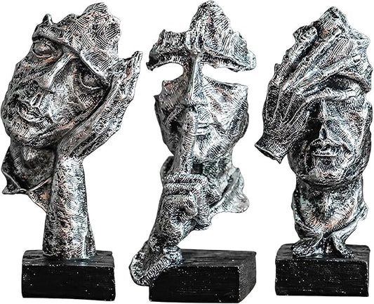 3 Pcs Thinker Statue, Silence is Silvery Abstract Art Figurine, Modern Home Resin Decorative Objects Decor for Home Office Bookshelf Desktop,No Hear No See No Speak Knick Knacks