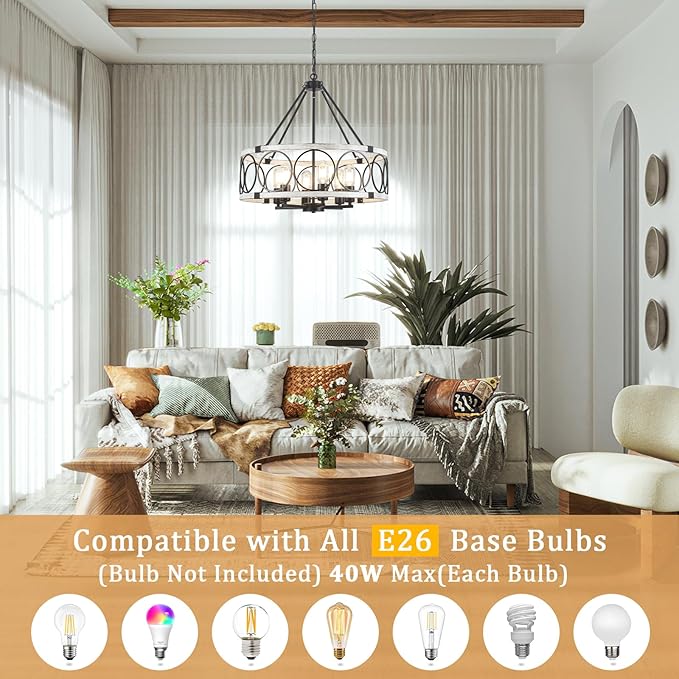 Rustic Farmhouse Chandelier 6 Light, Dining Room Light Fixtures Over Table, Hanging Farmhouse Light Fixture Round Chandelier for Kitchen Island Entryway Foyer Bedroom-Black & White Oak