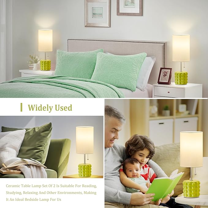 GyroVu Ceramic Small Table Lamp Set of 2, Adjustable Color Temperature Bedside Nightstand Lamps with Pull Chain for Bedroom Living Room Reading, Green, 2 Bulbs
