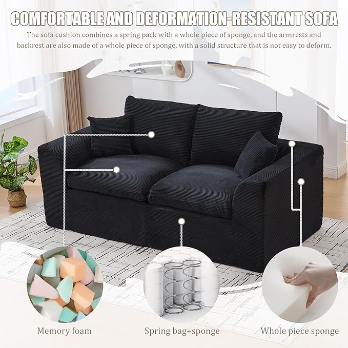 80.3" Cloud Loveseat Boneless Sofas for Living Room, 2 Seaters Modular Foam Cloud Sofa Couches, 2 Seat Compression Foam Couch with Toss Pillows, No Assembly Required