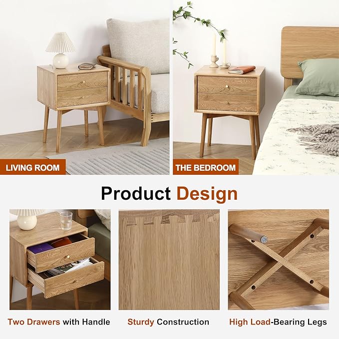 Mid Century Modern Nightstands, Oak Bedside Table Solid Wood End Table with Drawers Real Wooden Cabinet Organizer for Bedroom, Natural Color