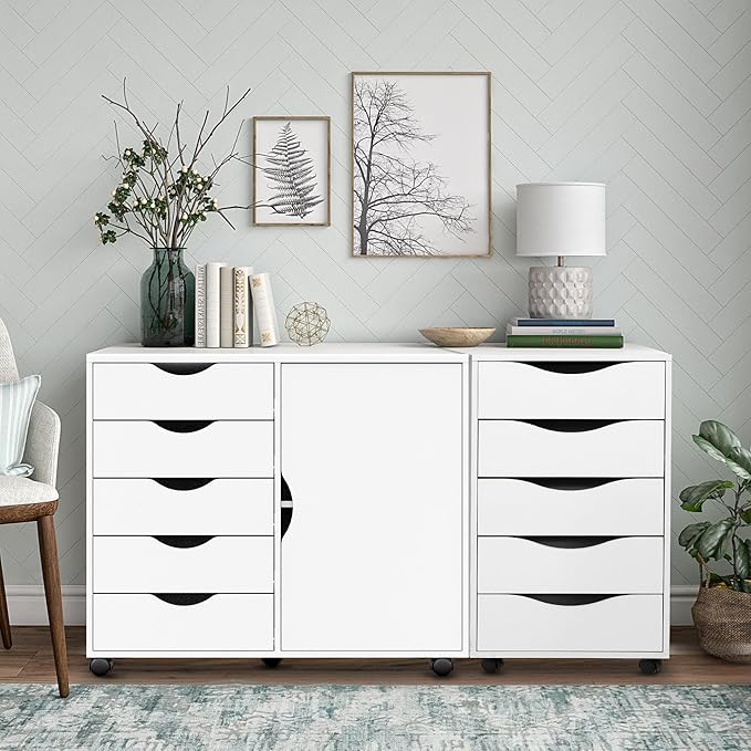 QDSSDECO 5-Drawer Chest with 1 Door, Wooden Storage Chest of Drawers, Mobile Dresser Cabinet with Wheels, Printer Stand for Home Office Bedroom