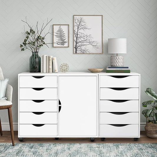 QDSSDECO 5-Drawer Chest with 1 Door, Wooden Storage Chest of Drawers, Mobile Dresser Cabinet with Wheels, Printer Stand for Home Office Bedroom