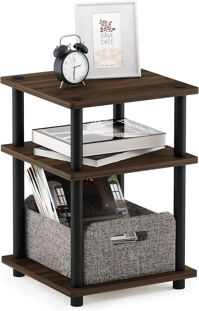 Furinno TURN-N-TUBE Side Table, 3-Tier Square Modern End Table, Open Shelves Nightstand, Night Stand, Bedside Table, Easy Assembly, for Living Room, Bedroom, Columbia Walnut