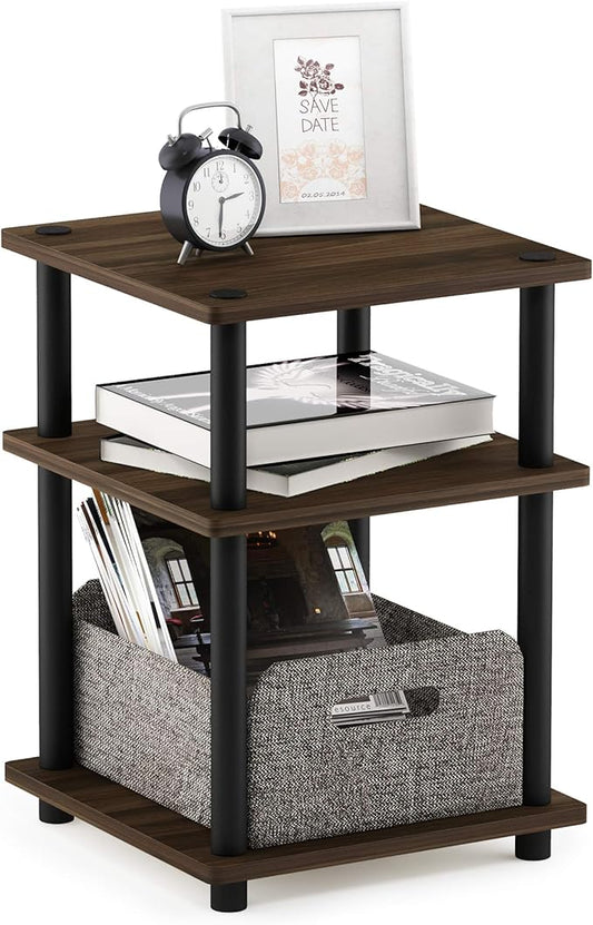 Furinno TURN-N-TUBE Side Table, 3-Tier Square Modern End Table, Open Shelves Nightstand, Night Stand, Bedside Table, Easy Assembly, for Living Room, Bedroom, Columbia Walnut