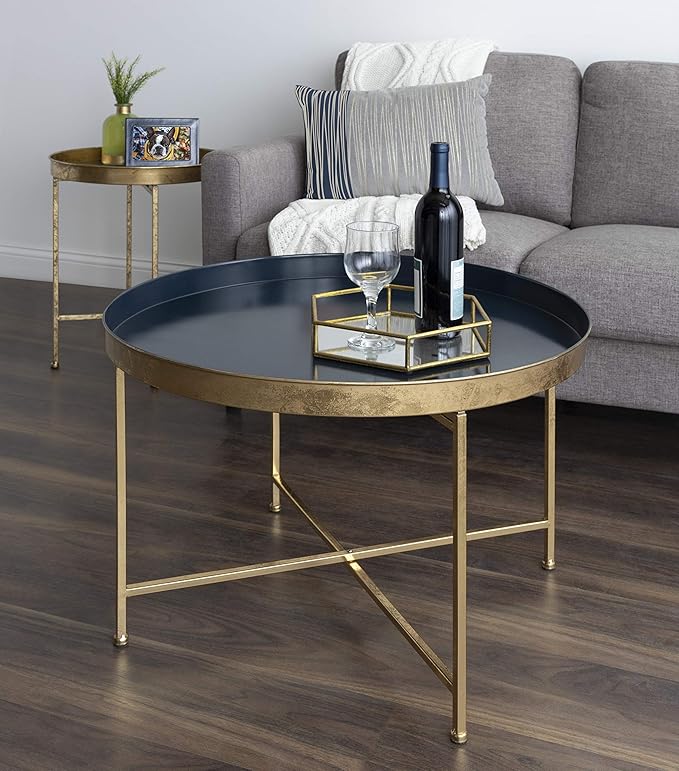 Kate and Laurel Celia Modern Glam Round Coffee Table, 28.25" x 28.25" x 19", Navy Blue and Gold Leaf, Chic Sophisticated Accent Table