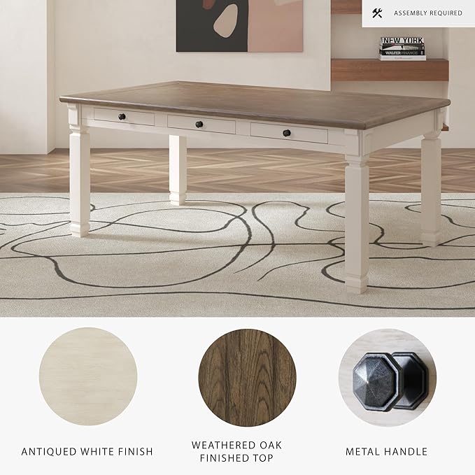 Signature Design by Ashley Bolanburg Farmhouse Rectangular Dining Table, 3 Drawers On Each Side, Seats 6, Wood, 71.88" W x 39.88" D x 31.13" H, Whitewash