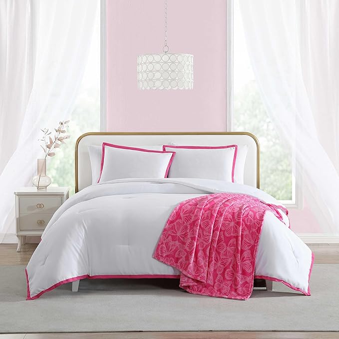 Betsey Johnson - Twin Comforter Set, Soft Bedding with Matching Sham, Bonus Throw Included, Dorm Essentials (Signature Hotel Solid Pink)