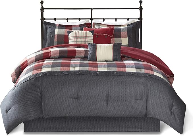 Madison Park Ridge Comforter Set - Cabin Lodge Plaid Herringbone Design, All Season Down Alternative Cozy Bedding with Matching Bedskirt, Shams, Decorative Pillow, Red Queen(90"x90") 7 Piece
