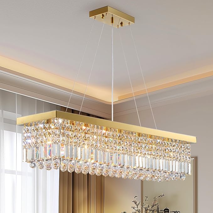 Modern Crystal Chandelier for Dining Room 8-Light Gold Rectangle Chandeliers K9 Crystal Ceiling Light Fixture Hanging Pendant Lights Kitchen Island Bar Bedroom Party Wedding Hotel