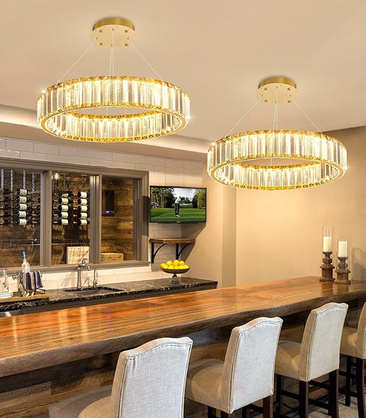 16'' Modern Ring Chandelier Crystal Chandeliers for Dining Room Round LED Dimmable Ceiling Light Fixture for Living Room Bedroom Lighting Gold